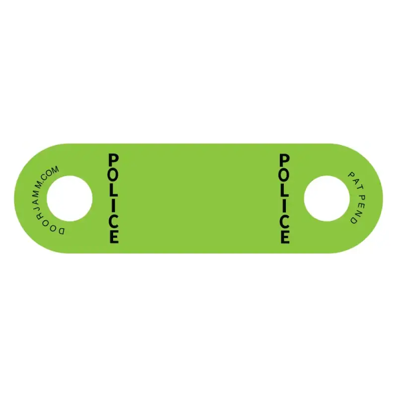 Bright green POLICE DoorJamm mask bracket for first responders, withstands extreme temperatures