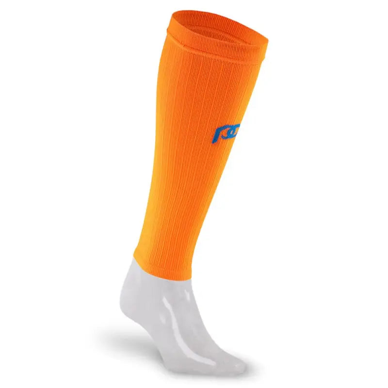 Bright orange calf compression sleeves featuring a blue logo for stylish support