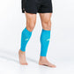 Bright turquoise calf compression sleeves worn on bare legs with black shorts