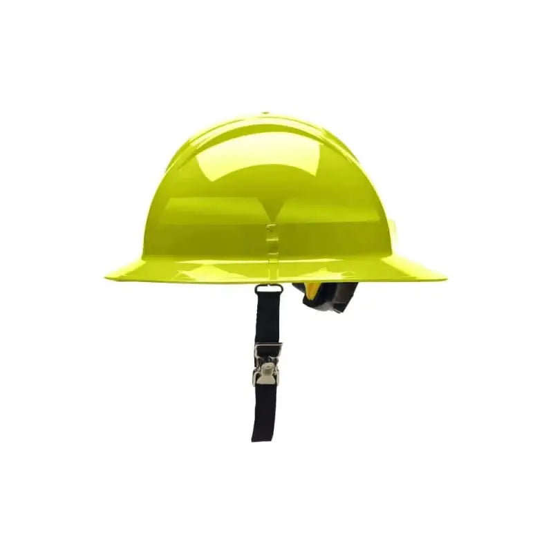 Bright yellow-green Bullard Full Brim Wildland Helmet with Ratchet and black chin strap