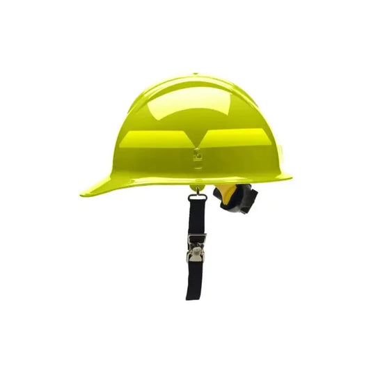 Bright yellow Bullard Wildland Fire Helmet cap style with black chin strap