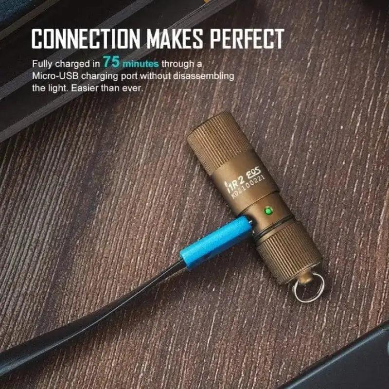 Bronze Olight IR2 EOS Keychain Flashlight with micro-USB charging port in Desert Tan