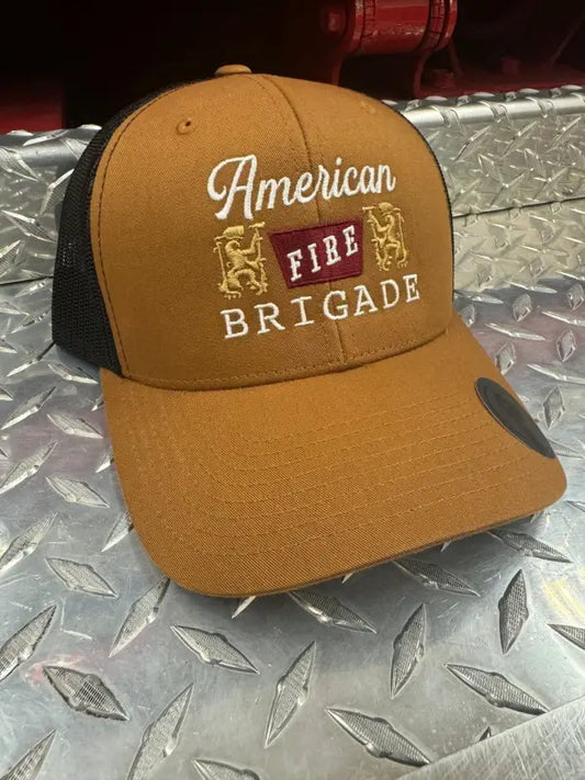 Brown and black Banquet Retro Hat with American Fire Brigade embroidery and design details