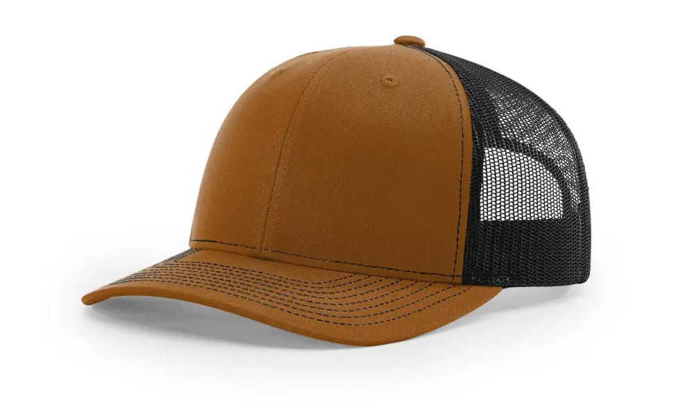Brown and black trucker hat with leather patch for first responders and firefighters