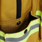 Brown canvas Elite Firefighter Gear Bag with reflective yellow and gray safety stripes