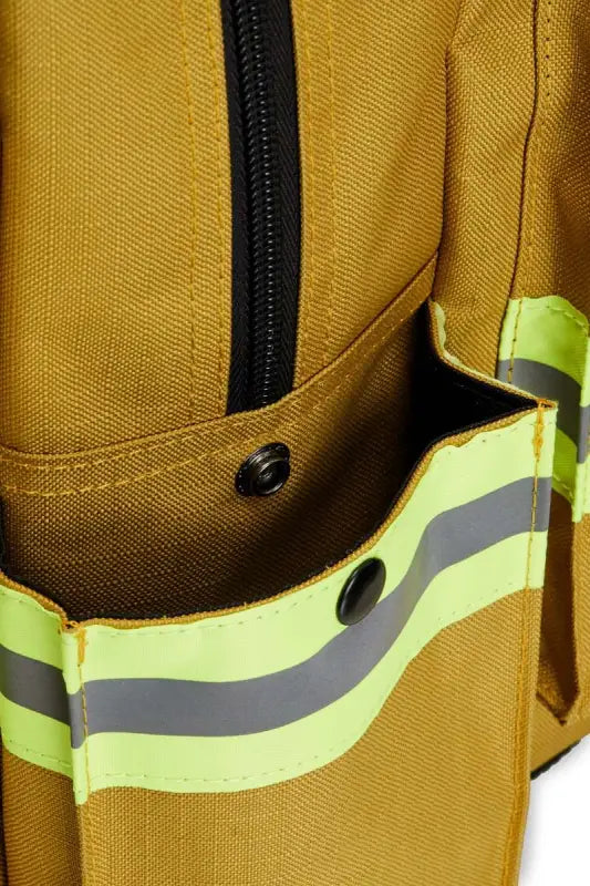 Brown canvas Elite Firefighter Gear Bag with reflective yellow and gray safety stripes