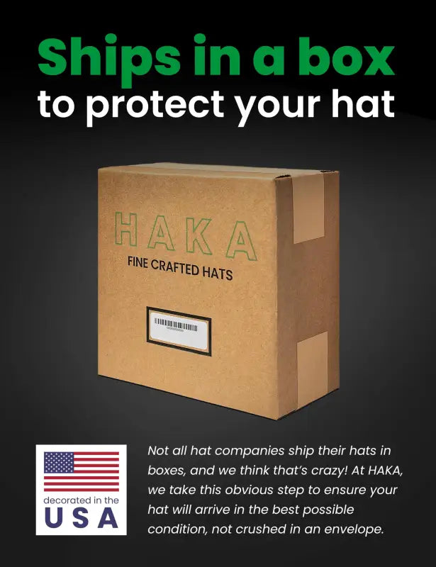 Brown cardboard box labeled HAKA FINE CRAFTED HATS with shipping label for American Flag Trucker