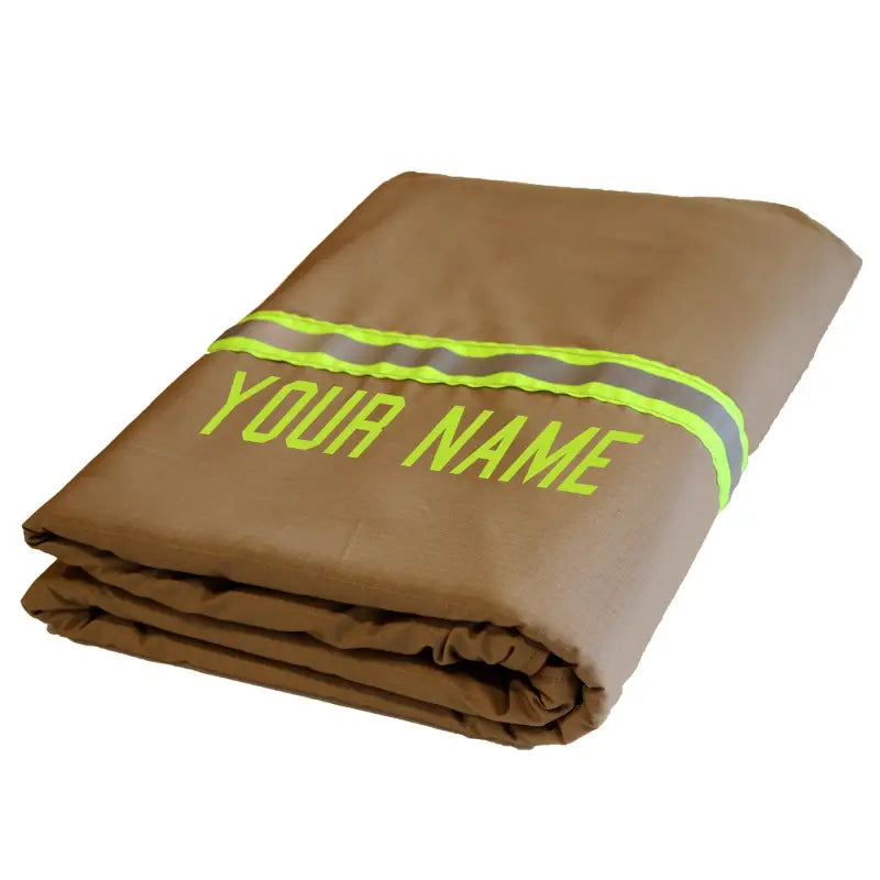 Brown firefighter personalized tan station blanket featuring reflective yellow stripes