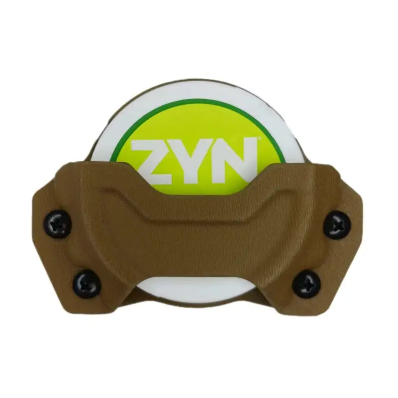 Brown Zyn Can Holder showcasing a circular logo design for optimal display