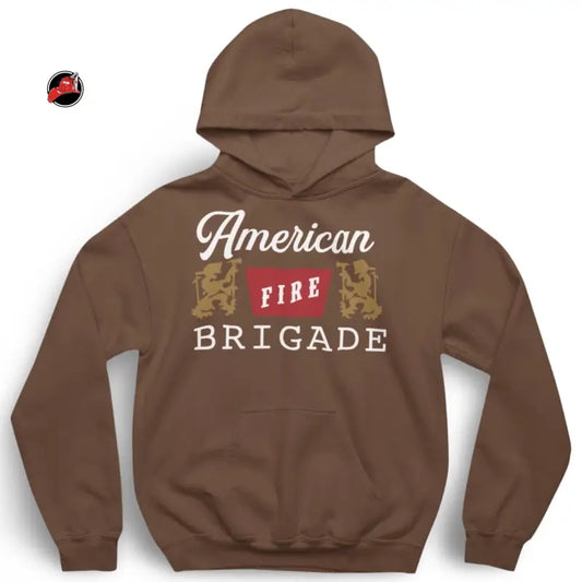 Brown Banquet Hoodie featuring American Fire Brigade text for first responders