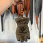 Brown leather firefighter glove-shaped pouch with strap for first responders and police