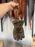 Brown leather firefighter glove-shaped pouch with strap for first responders and police