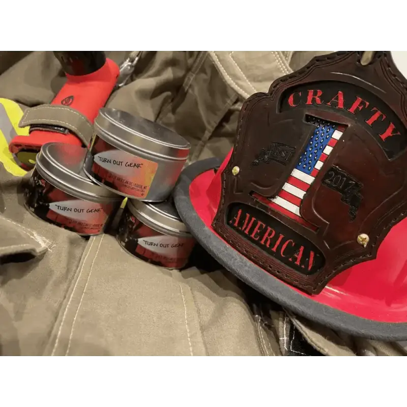 Brown leather patch with Crafty American text and American flag on gear scented candle