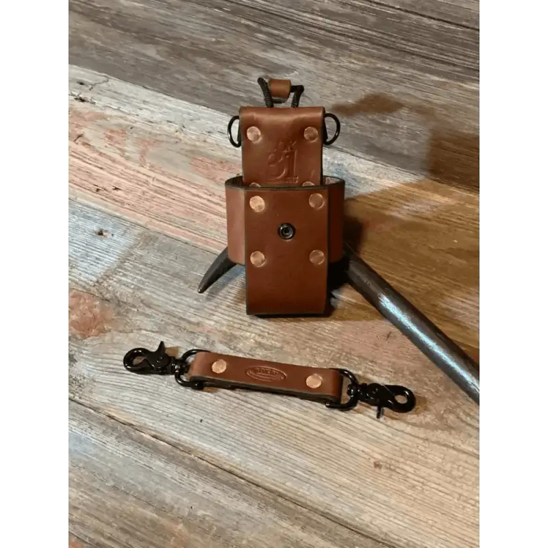 Brown leather robot keychain accessory for Universal Radio Bucket with metal hardware