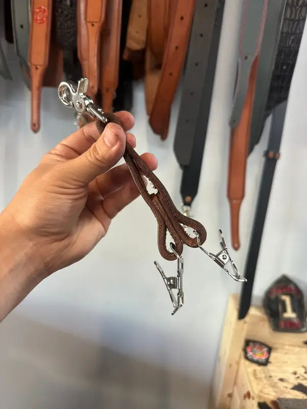 Brown leather suspender clips for first responders firefighter police Glove Strap Dual Clip No.2
