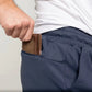 Brown leather wallet in Navy Blue 8’’ Carrier Shorts with patented carrier retention