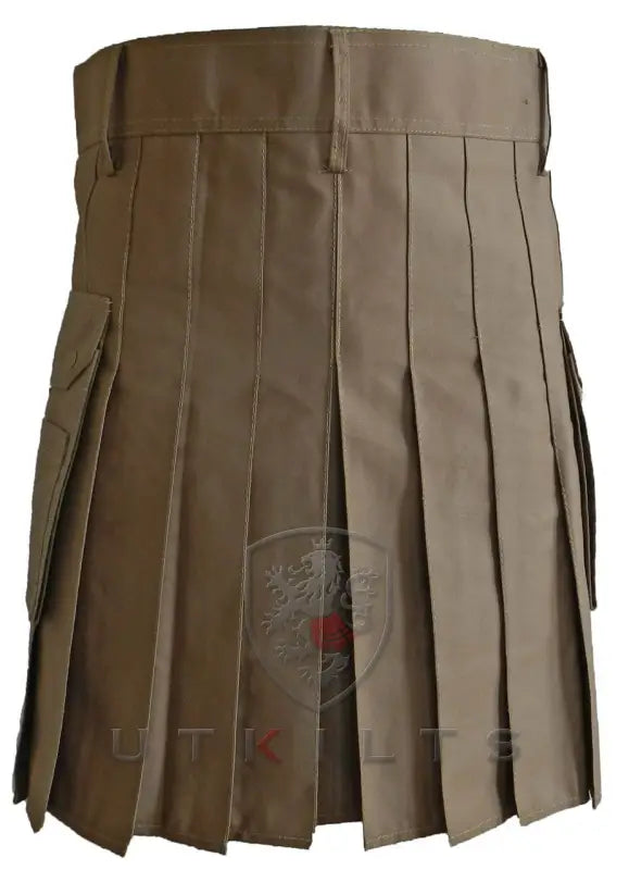 Brown pleated utility kilt with cargo pockets in Standard II Dark Khaki Utility Kilt style