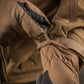 Brown quilted winter jacket featuring fabric straps and buckle details for M-Tac Gloves Soft Shell Thinsulate