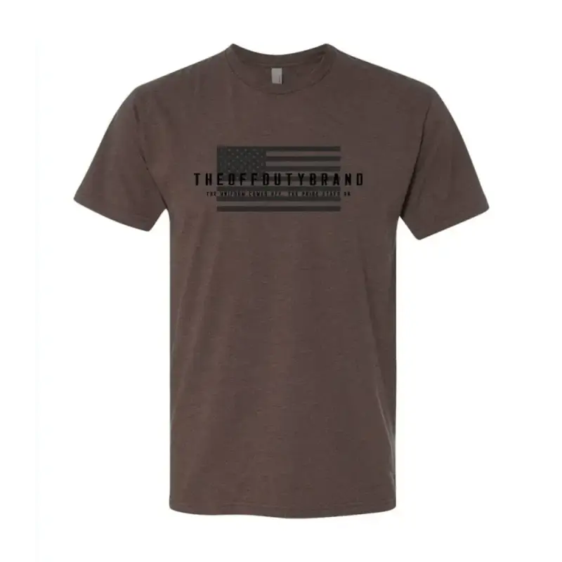 Brown Off Duty Valor Tee with black text and horizontal line design from the Valor Collection