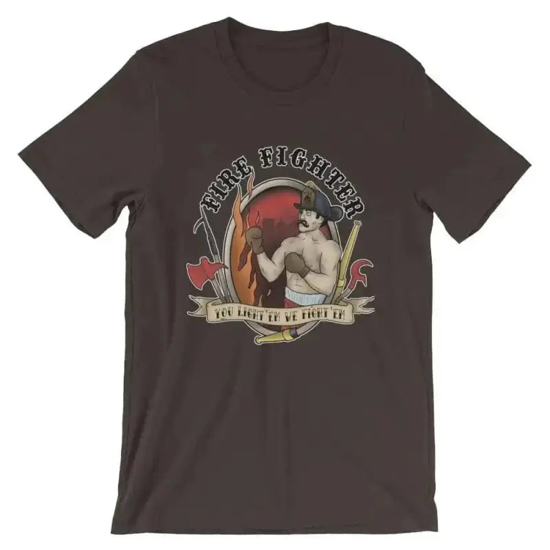 Brown t-shirt with vintage boxing emblem in You Light’em We Fight’em design