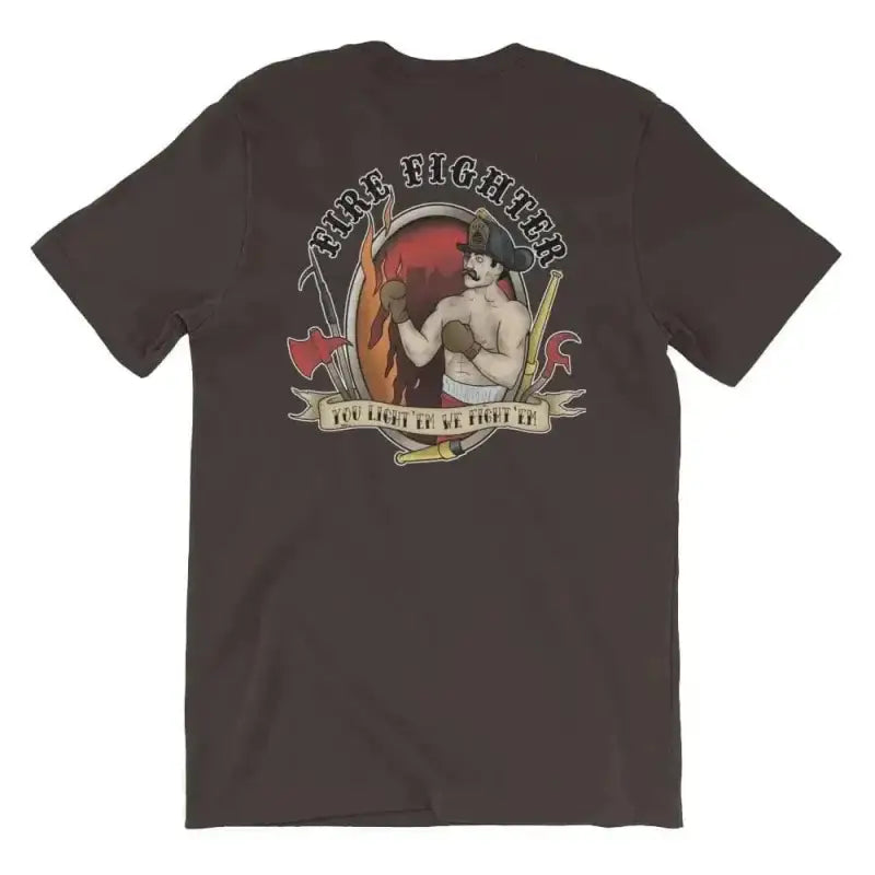 Brown t-shirt with vintage boxing graphic design, You Light’em We Fight’em logo on back