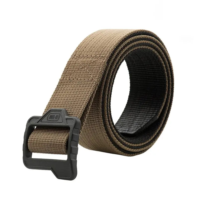 Brown M-Tac Double Duty Tactical Belt with black plastic buckle for durable use