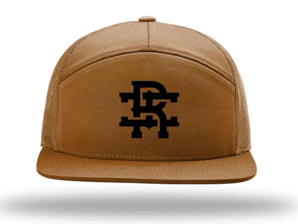 Brown trucker-style Staple Hat in Caramel for first responders with black geometric logo