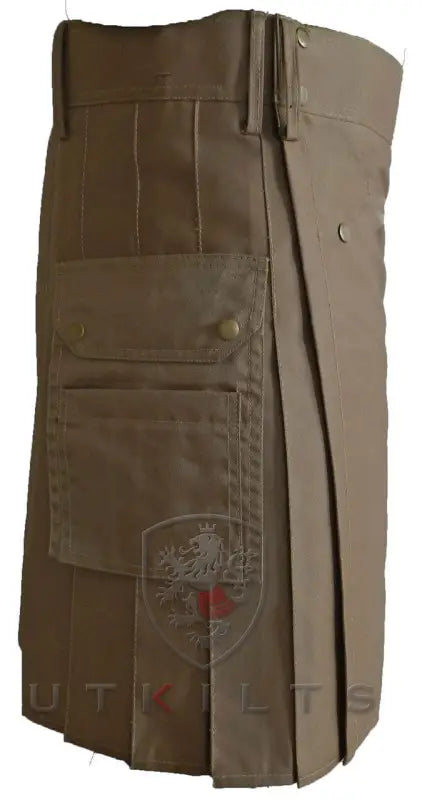 Brown utility kilt with cargo pockets and pleats in dark khaki color