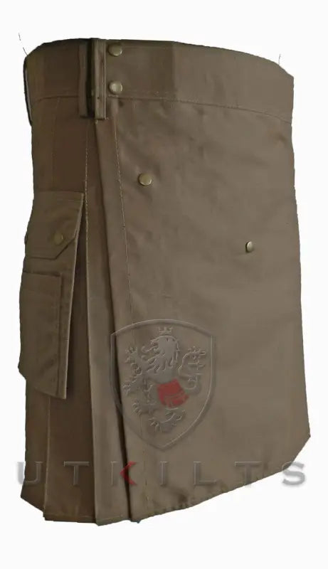 Brown utility kilt with cargo pockets and shield emblem, Standard II Dark Khaki Utility Kilt