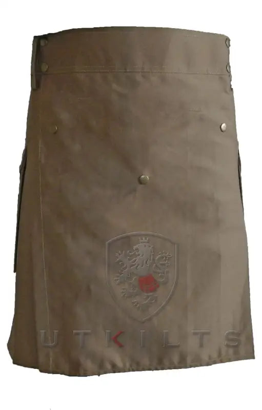 Brown utility kilt with embossed shield emblem from Standard II Dark Khaki Utility Kilt