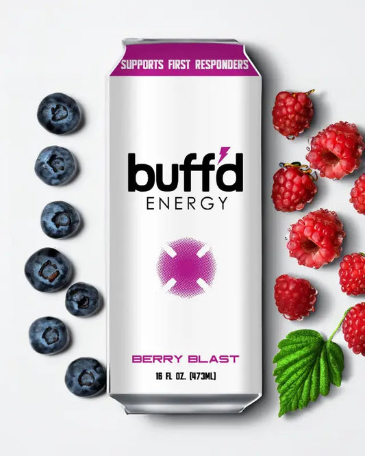 Buffd Energy Berry Blast Drink can with blueberries and raspberries for first responders