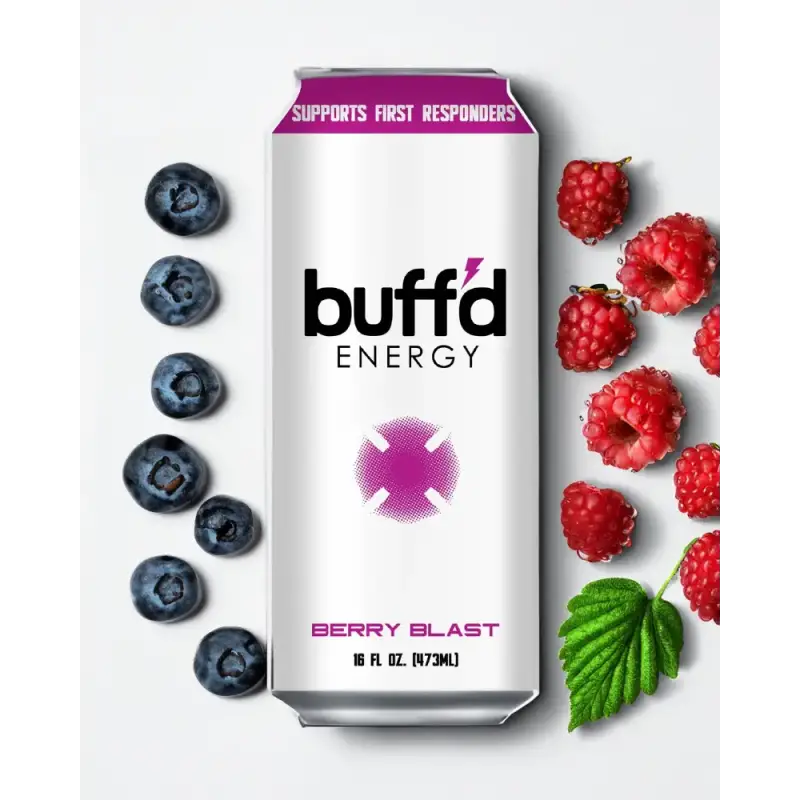 Buff’d Energy Berry Blast can with blueberries and raspberries in Buff’d Energy variety pack