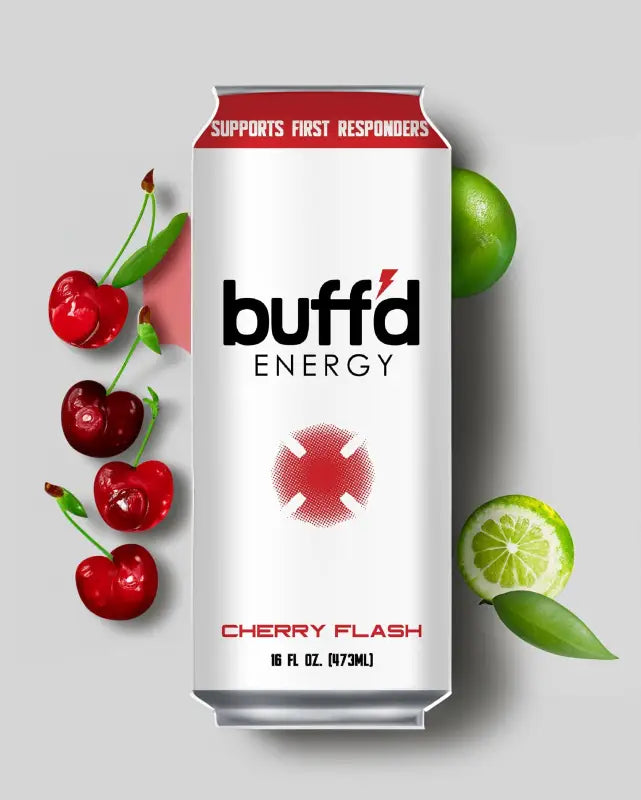 Buff’d Energy Cherry Flash can with fresh cherries and lime slices for first responders