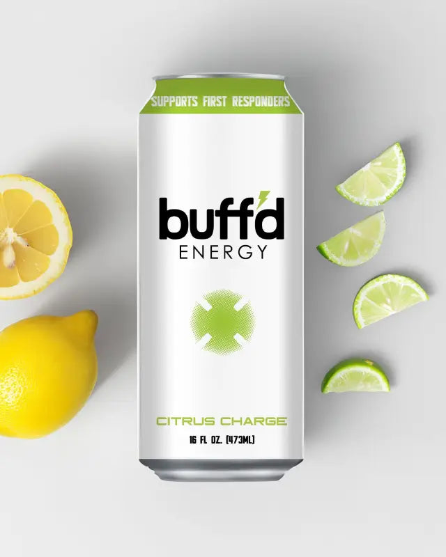 Buff’d Energy Citrus Charge can surrounded by fresh lemon and lime slices