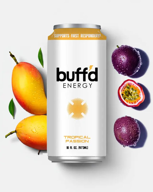 Buff’d Energy Tropical Passion flavor can surrounded by mangoes and passion fruits