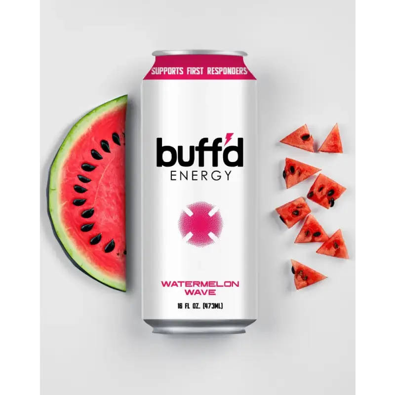 Buff’d Energy Watermelon Wave can with fresh watermelon slices in a variety pack