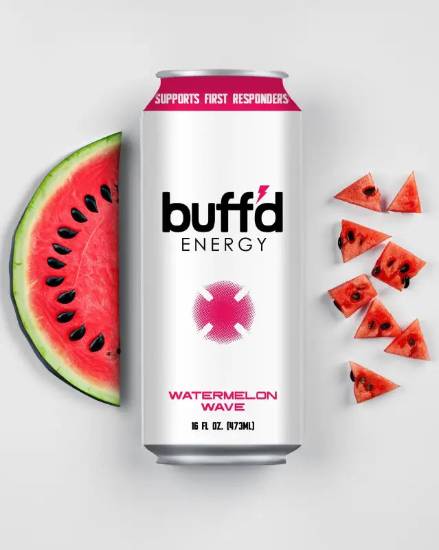 Buff’d Energy Watermelon Wave flavor can with fresh watermelon slices for first responders