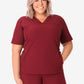 Burgundy women’s stash-pocket scrub top with v-neck and short sleeves
