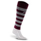 Burgundy and gray striped knee-high calf compression sleeves with heather stripes