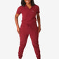 Burgundy Women’s Tuckable One-Pocket Scrub Top with jogger-style pants and v-neck