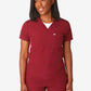 Burgundy women’s tuckable one-pocket scrub top with white undershirt neckline detail