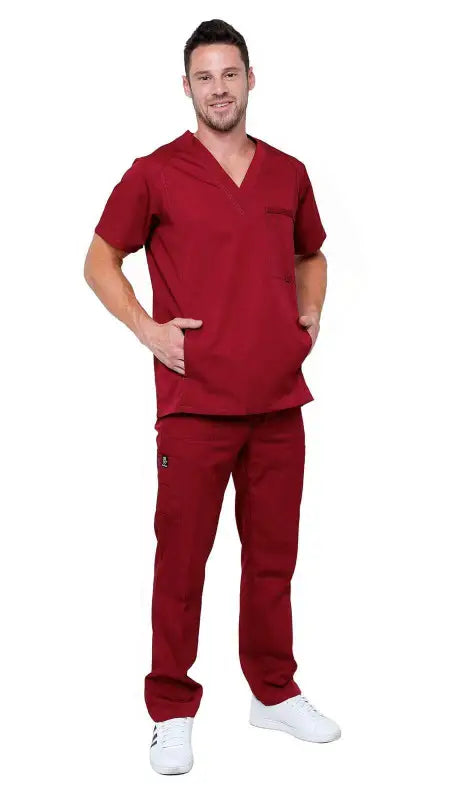 Burgundy Men’s Multi Pocket Utility Medical Scrubs with v-neck top and matching pants