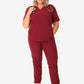 Burgundy women’s stash-pocket scrub uniform with v-neck top and matching pants