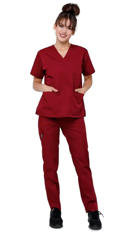 Burgundy Women’s Classic 8 Pocket Uniform Scrubs with V-Neck Top and Pen Slot