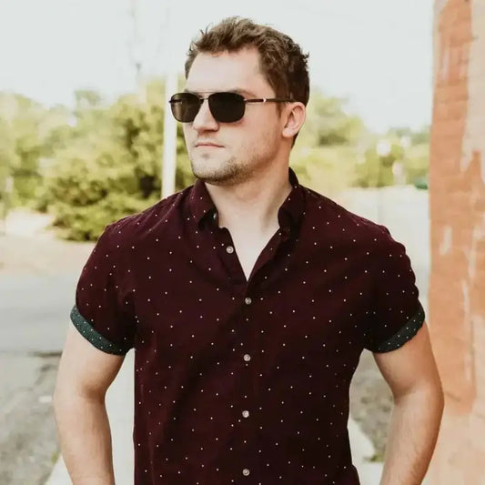 Burgundy polka dot shirt with SOLECT Density Men’s Polarized Aviator Sunglasses