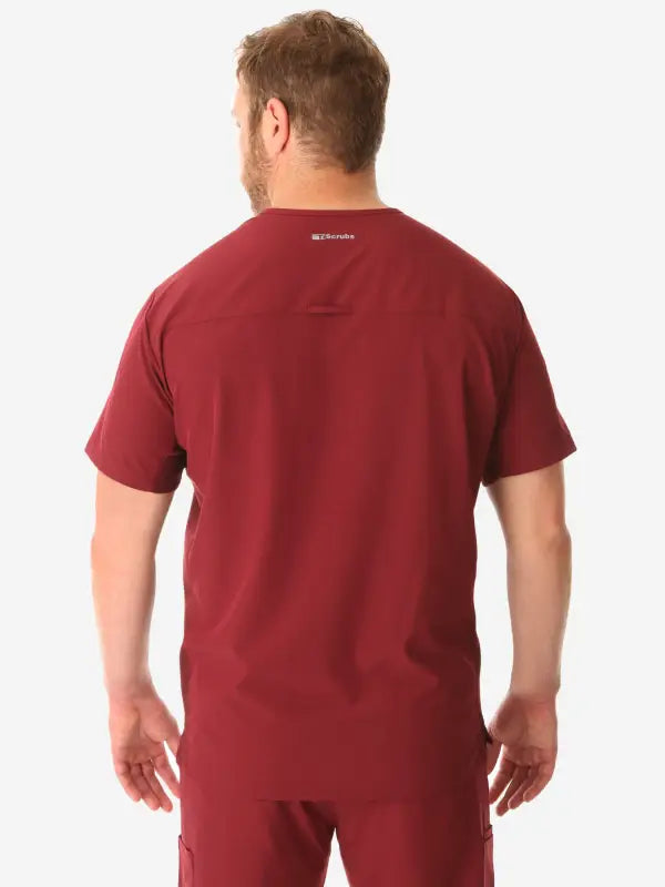 Burgundy red short-sleeved t-shirt back view of Men’s Double-Pocket Scrub Top