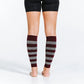 Burgundy and silver striped calf compression sleeves over bare legs with heather stripes