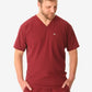 Burgundy V-neck men’s double-pocket scrub top with short sleeves for medical professionals