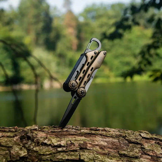 Butterfly knife with tan handles in wood showcasing M-Tac Multitool Type 5 Olive