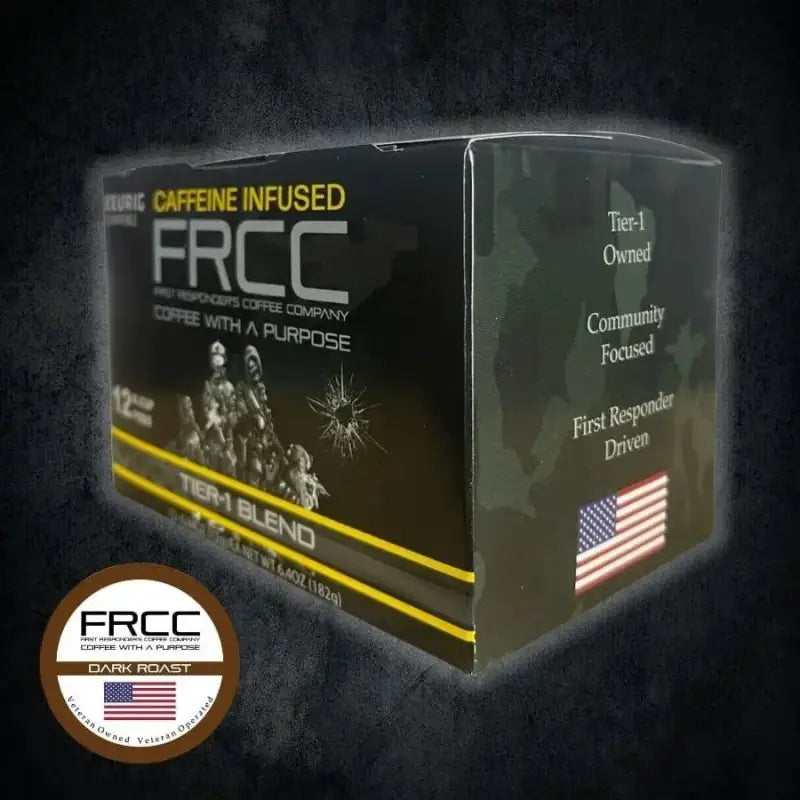 Caffeine-infused FRCC Kcup Box 12ct Tier-1 with American flag emblem